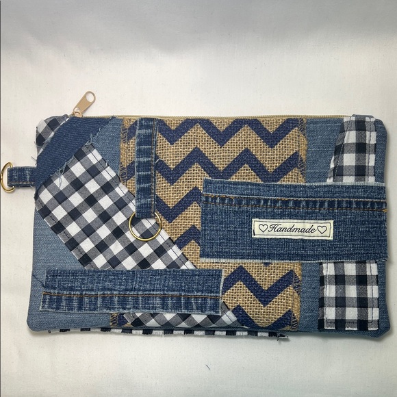 Handmade Handbags - Handmade Blue and Tan Patchwork Clutch